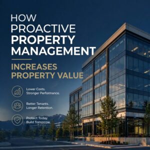 Modern glass office building in Salt Lake City with overlay text about proactive property management increasing property value