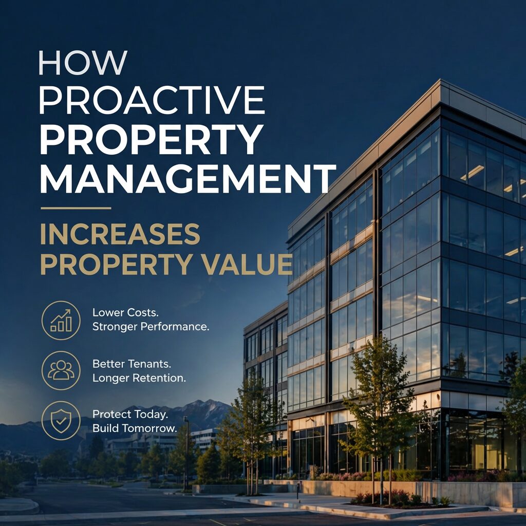 Modern glass office building in Salt Lake City with overlay text about proactive property management increasing property value